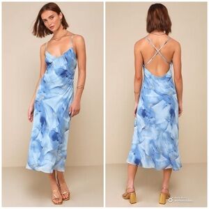 Lulus Large Bright Charm Blue Abstract Print Chiffon Slip Midi Dress NWT